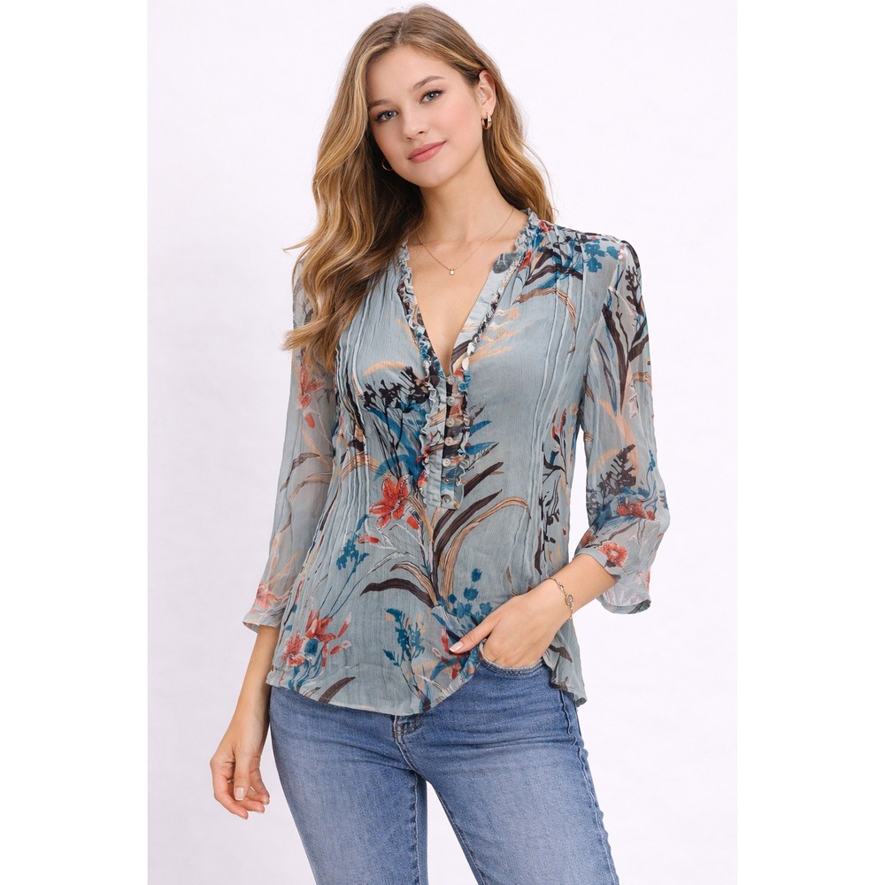 Monsoon - Floral Ruffle Blouse Blue and Red Size 6